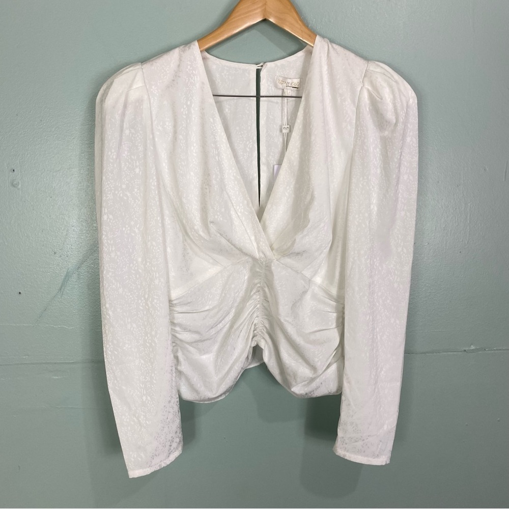 Ronny Kobo Astor Top White Sz L Plunge Neckline Long Sleeve